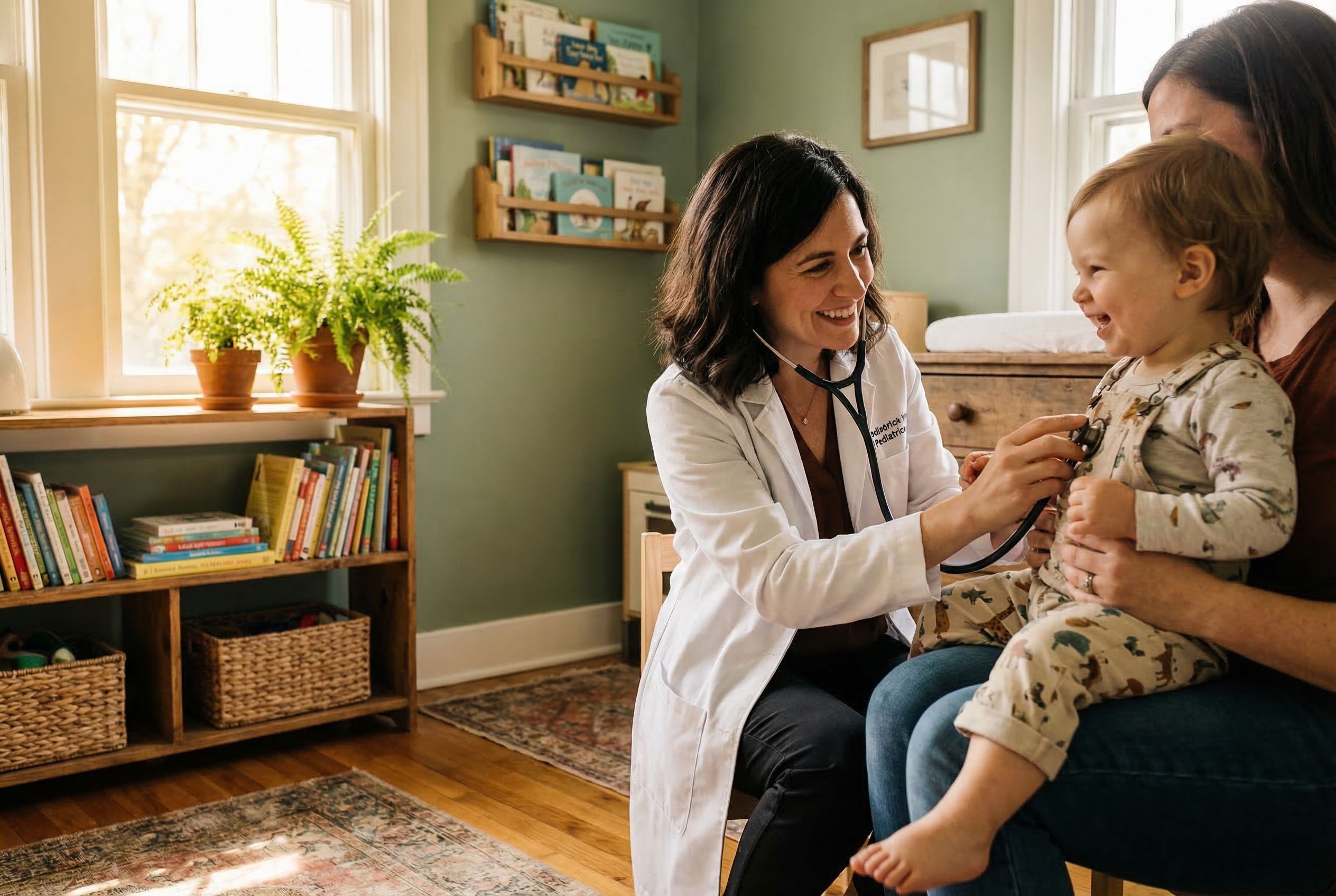 Pediatra examinando criança em consulta de puericultura na Casalume Pediatria em Jaraguá do Sul